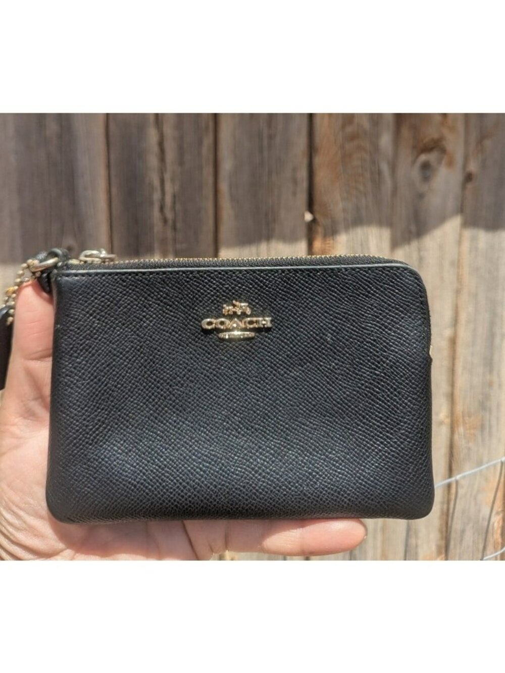 Coach Small Corner Zip Wristlet Crossgrain Leather Black
